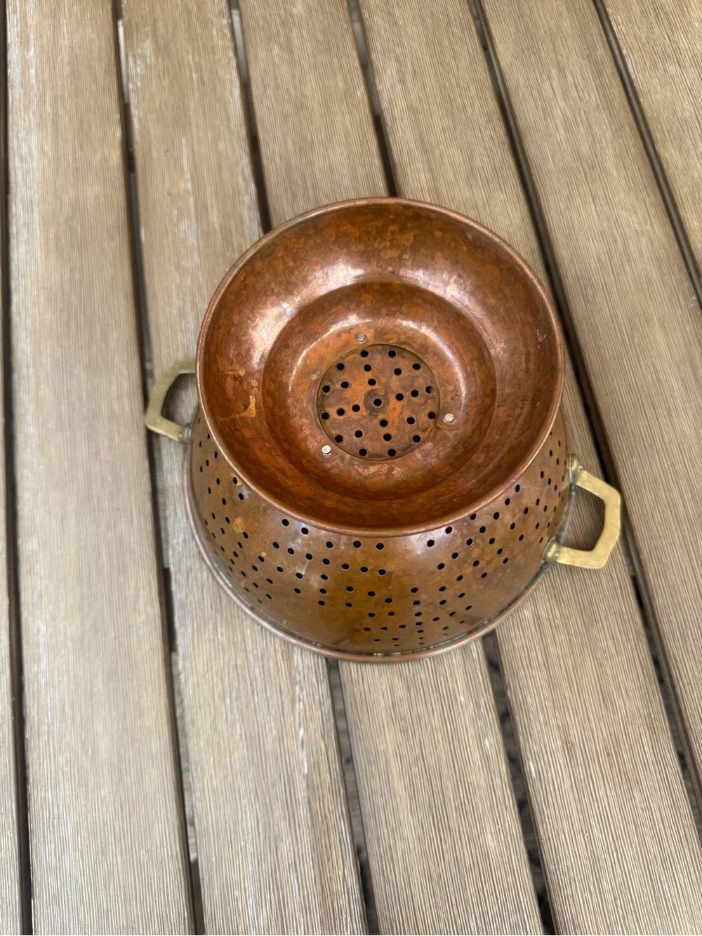 Vintage Solid Copper Colander Stainless Steel Lined Brass Handles Made in Korea